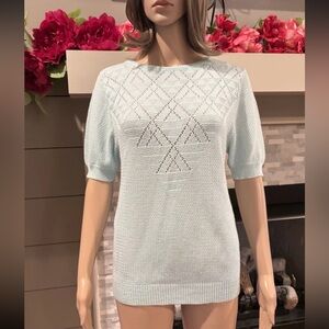 Vintage 70s Devon Blue Knit Crew Neck Short Sleeve Sweater Secretary Geek Sz M